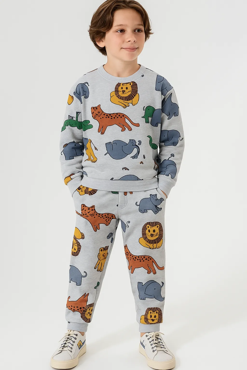 Erkek Çocuk Hayvan Desenli Safari Uzun Kollu Pijama Takımı Gri