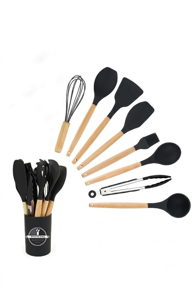 9 Parça Standlı Bambu Saplı Silikon Servis Kepçe Seti Siyah