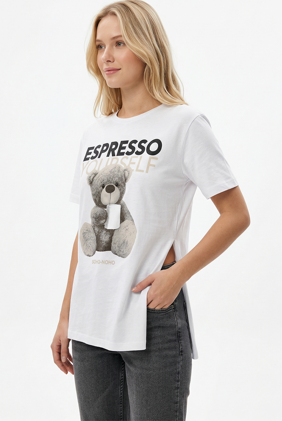 Yırtmaç Detaylı Baskılı Kadın Oversize T-shirt Beyaz