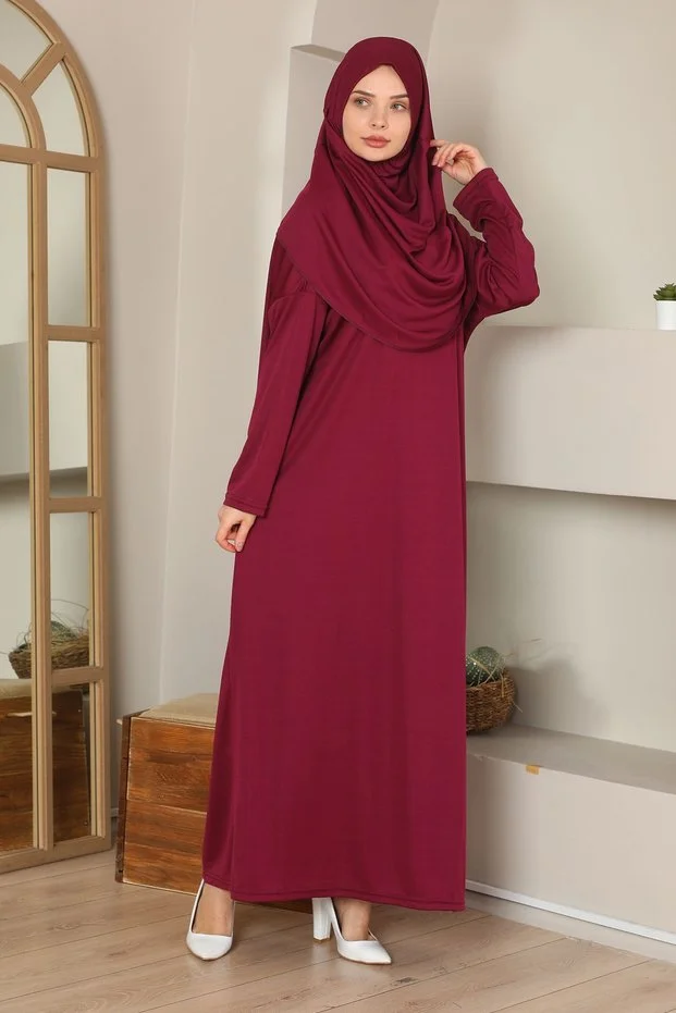 Tek Parça Namaz Elbisesi Boydan Giymeli (38-50 Beden Uyumlu) Bordo
