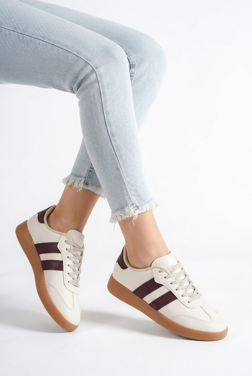 Termo Taban Yanı Kalın Şeritli Bağcıklı Kadın Spor Ayakkabı Sneaker Bej-Bordo