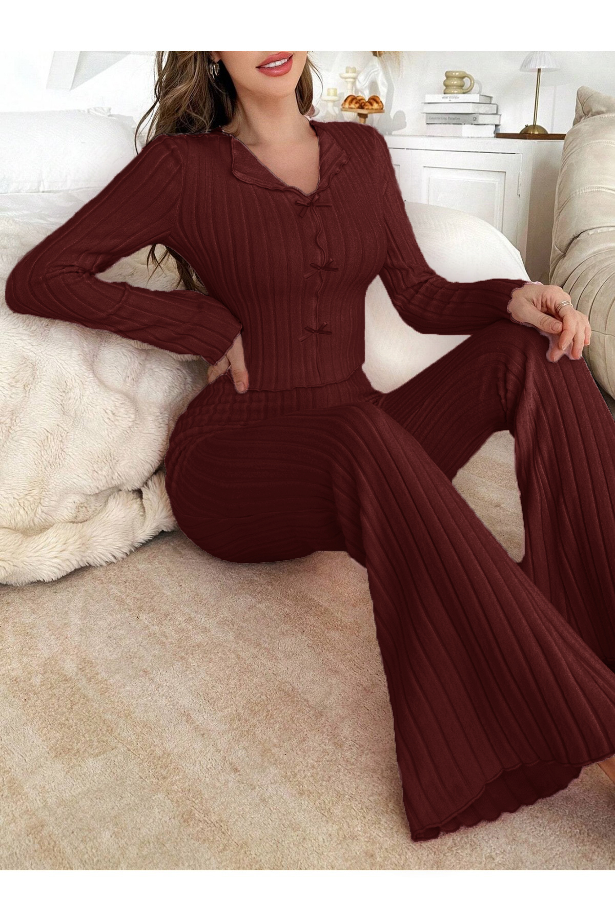 Yumuşak Pamuklu Fiyonk Detaylı Uzun Pijama Takımı Bordo