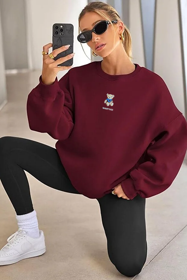 Kadın Ayıcık Nakışlı Bisiklet Yaka Basic Oversize Sweatshirt Bordo