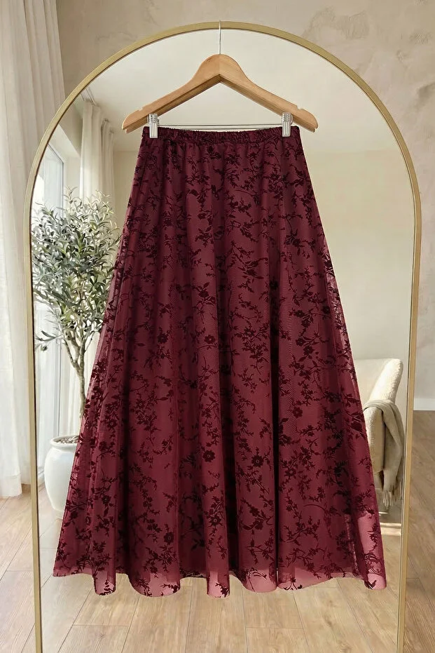 Çiçekli Flok Tül Astarlı Beli Lastikli Etek Bordo