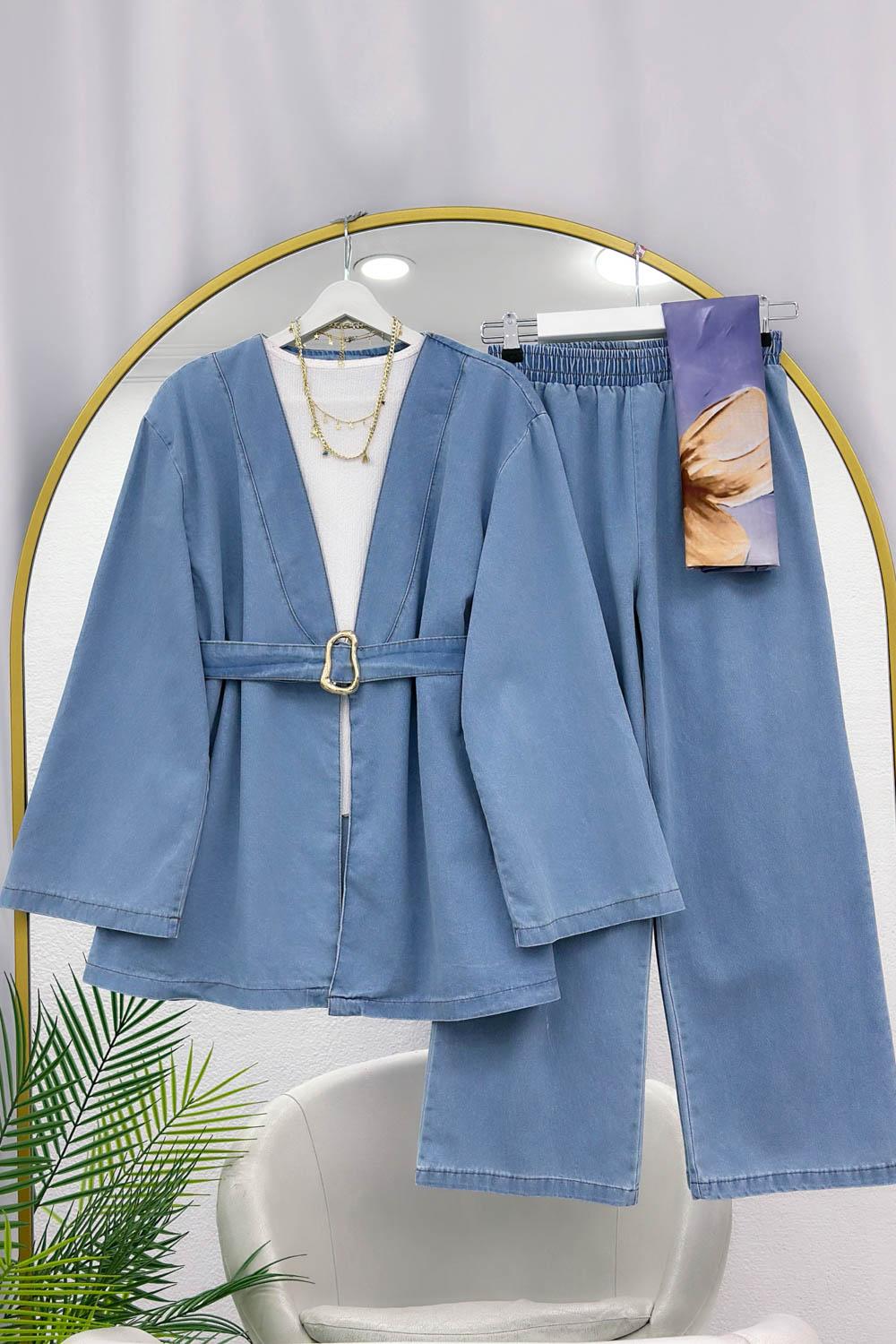 Kemer Detaylı Kimono Pantolonlu Kot Takım Açık Mavi