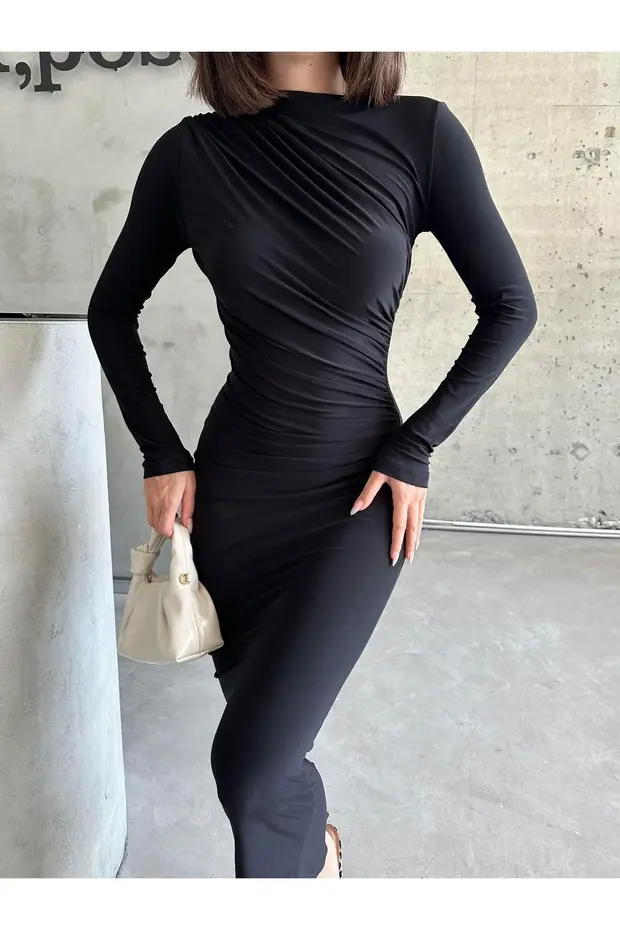 Büzgü Drape Detaylı Sandy Uzun Kollu Uzun Elbise Siyah