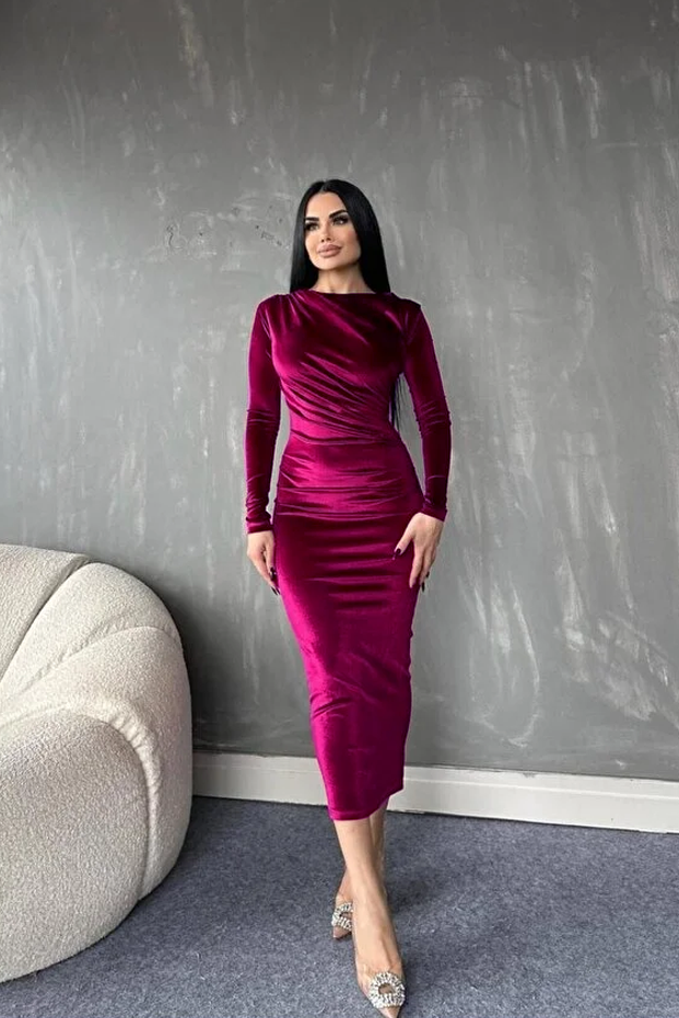 Drape Büzgü Detaylı Uzun Kadife Elbise Fuşya
