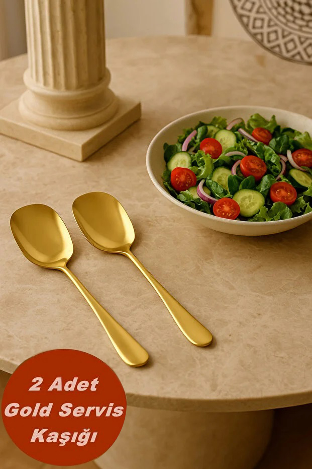 2 Adet Paslanmaz Çelik Servis Kaşığı 20 cm Gold