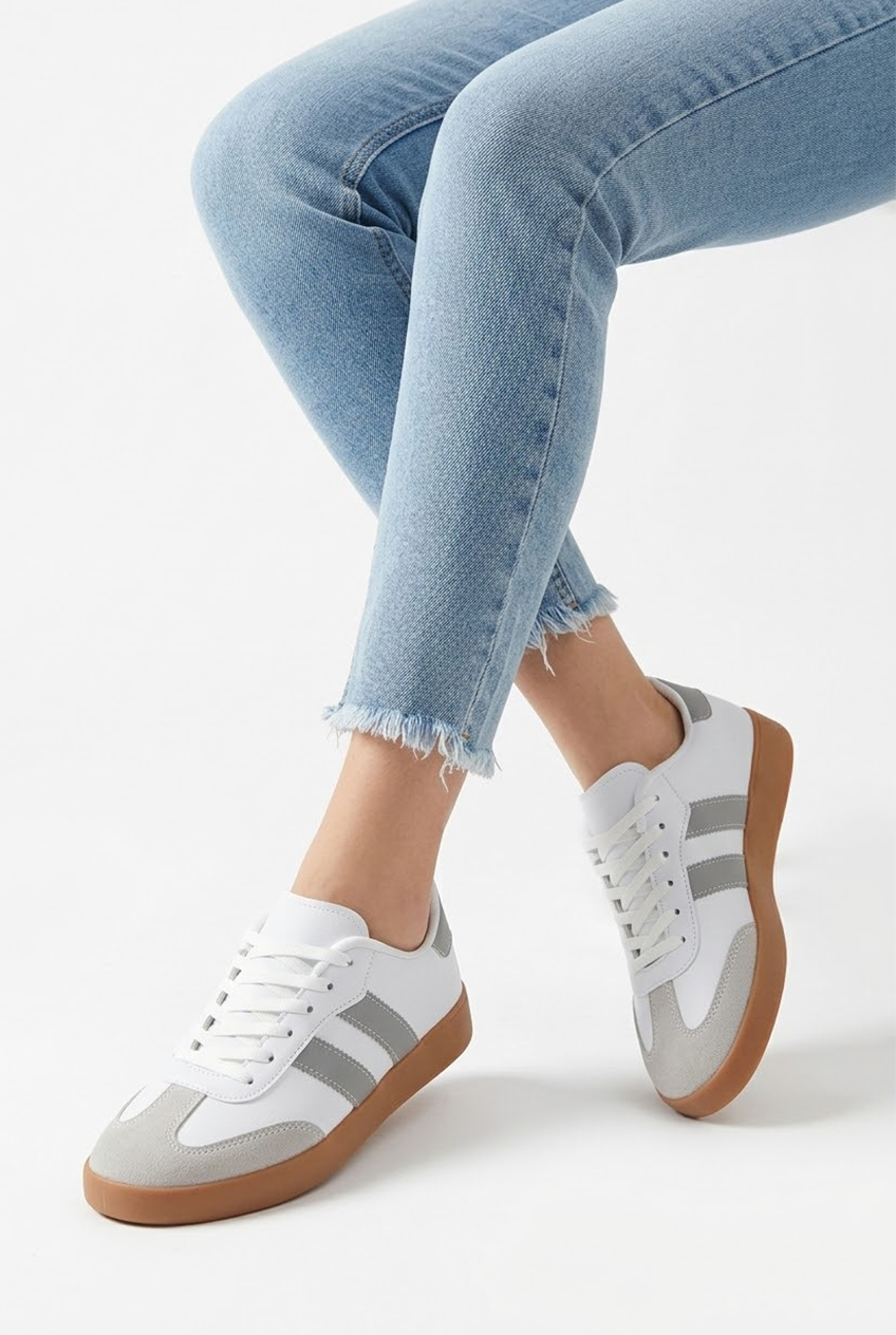Termo Taban Yanı Kalın Şeritli Bağcıklı Kadın Spor Ayakkabı Sneaker Beyaz-Gri