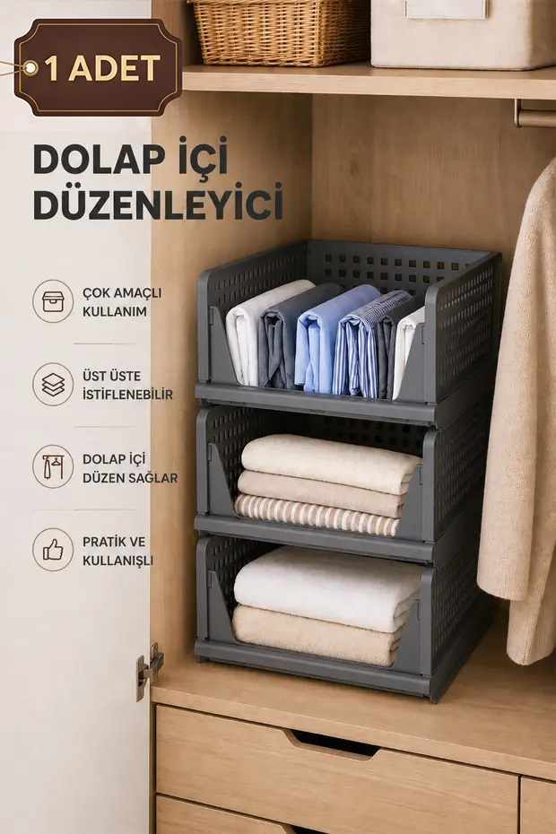 1 ADET Katlanabilir Organizer Dolap İçi Raf Tezgah Üstü Düzenleyici Çok Amaçlı Kullanım Gri
