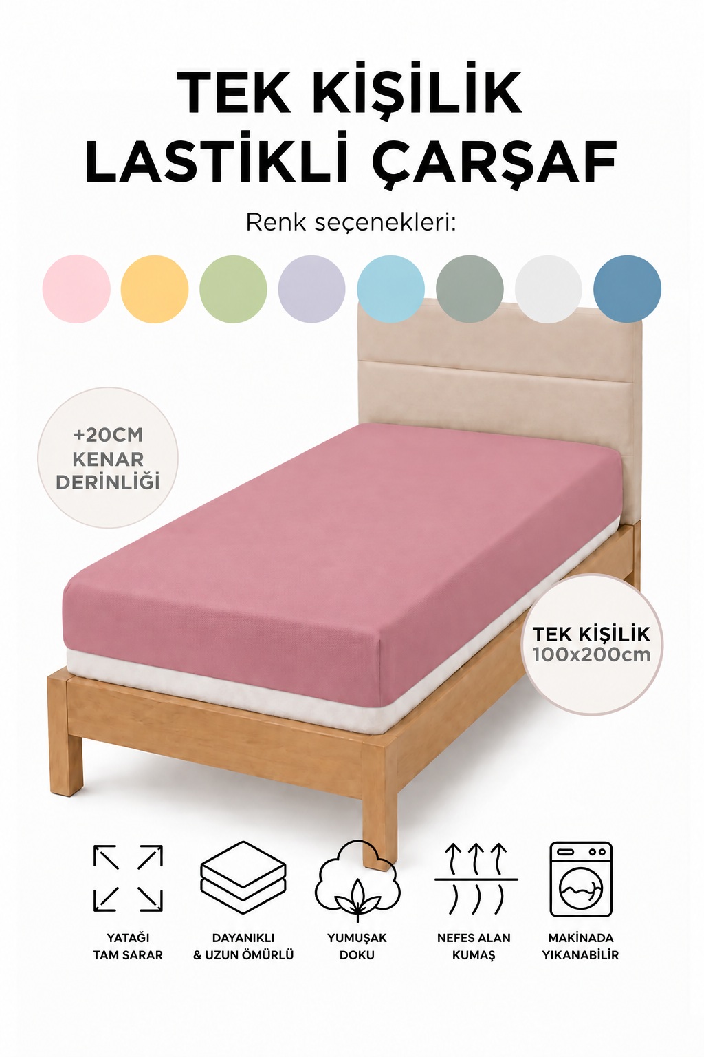 100x200 cm Tek Kişilik Pamuklu Lastikli Çarşaf – Yumuşak Dokulu, Yatağı Saran 20 cm Kenar Yüksekliği Gül kurusu