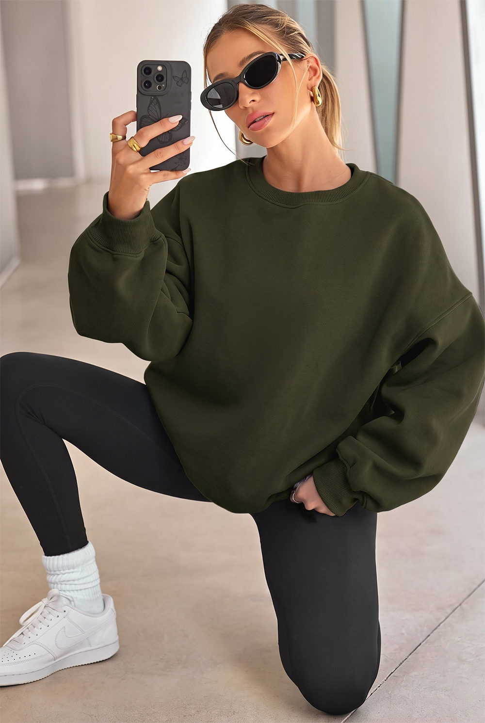Kadın Bisiklet Yaka Basic Oversize Sweatshirt Haki