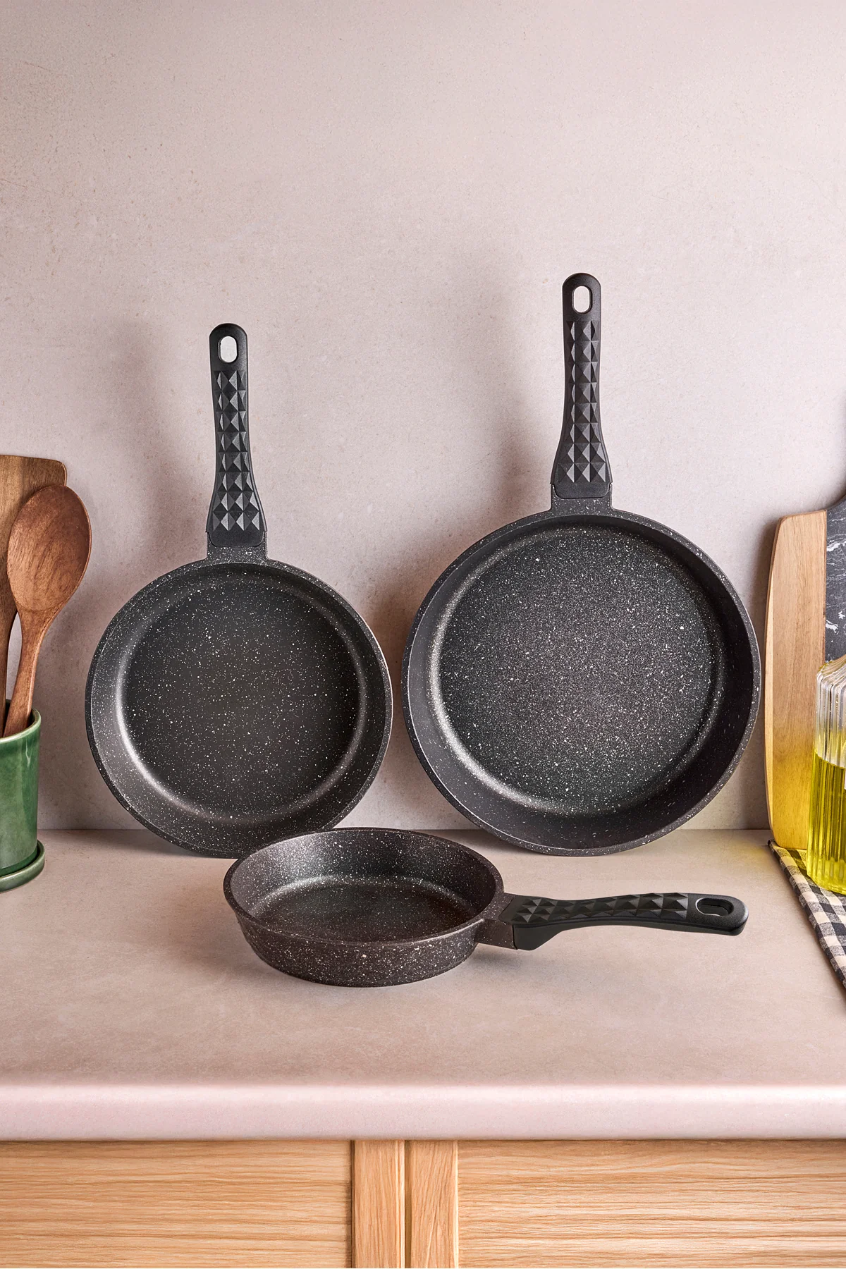 3'lü Döküm Yanmaz Yapışmaz Granit Tava Seti 20 Cm 24 Cm 28 Cm Antrasit