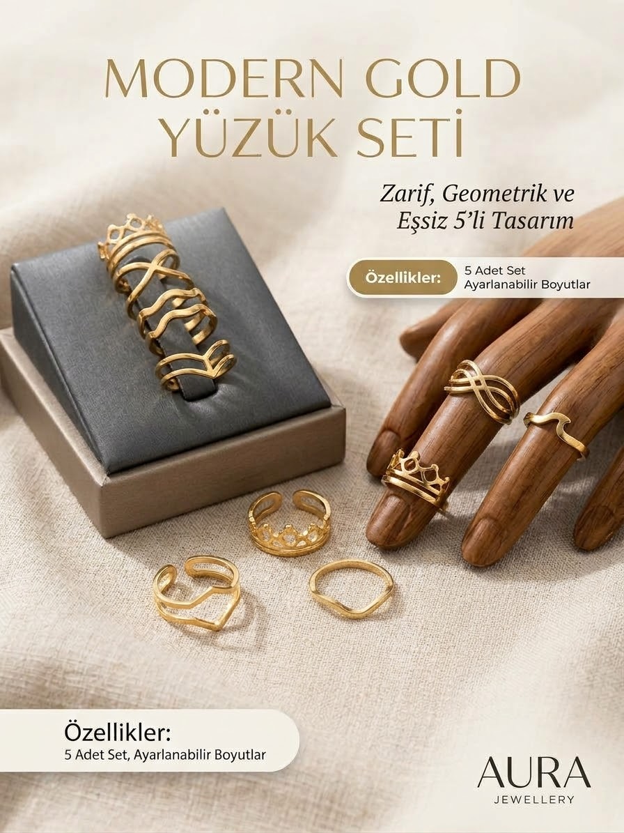 Gold ayarlanabilir şık 5li yüzük seti Gümüş
