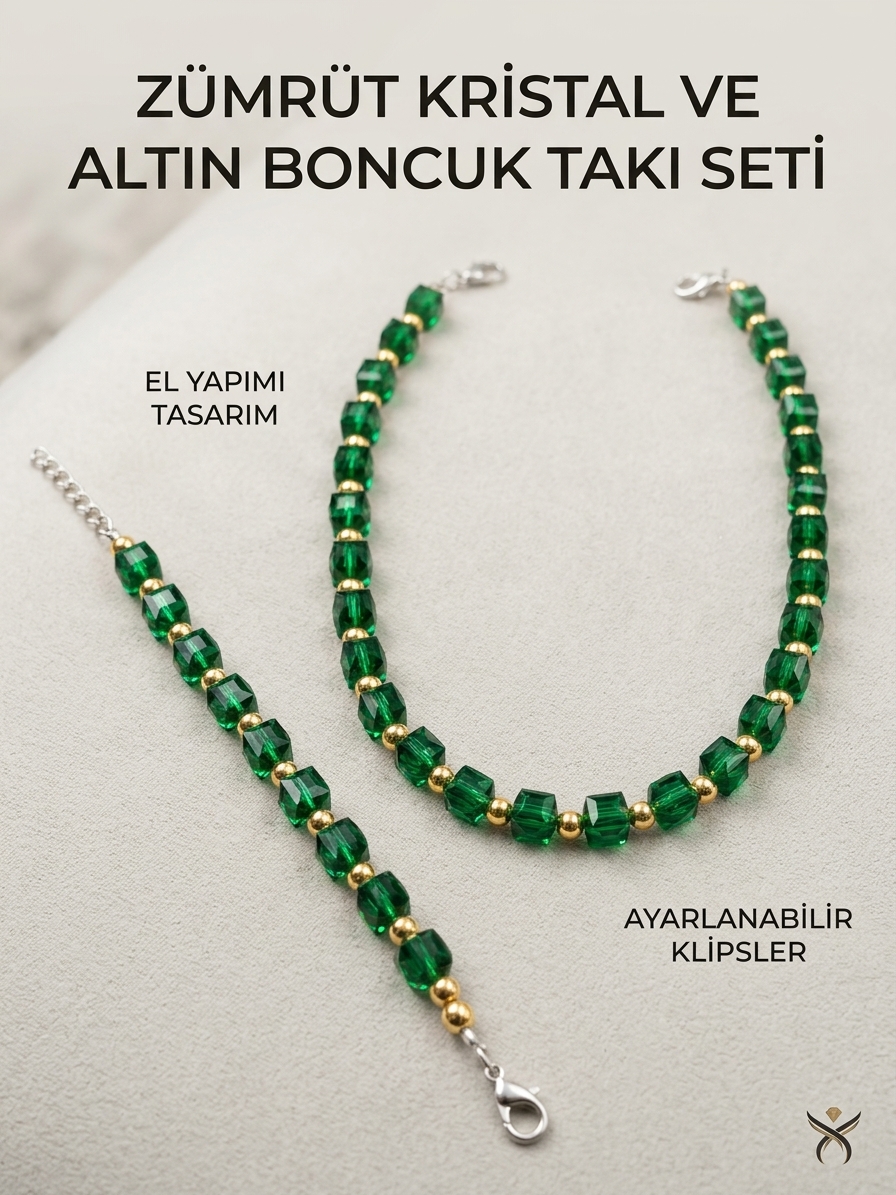 Gold incili Zümrüt kolye bileklik set gold