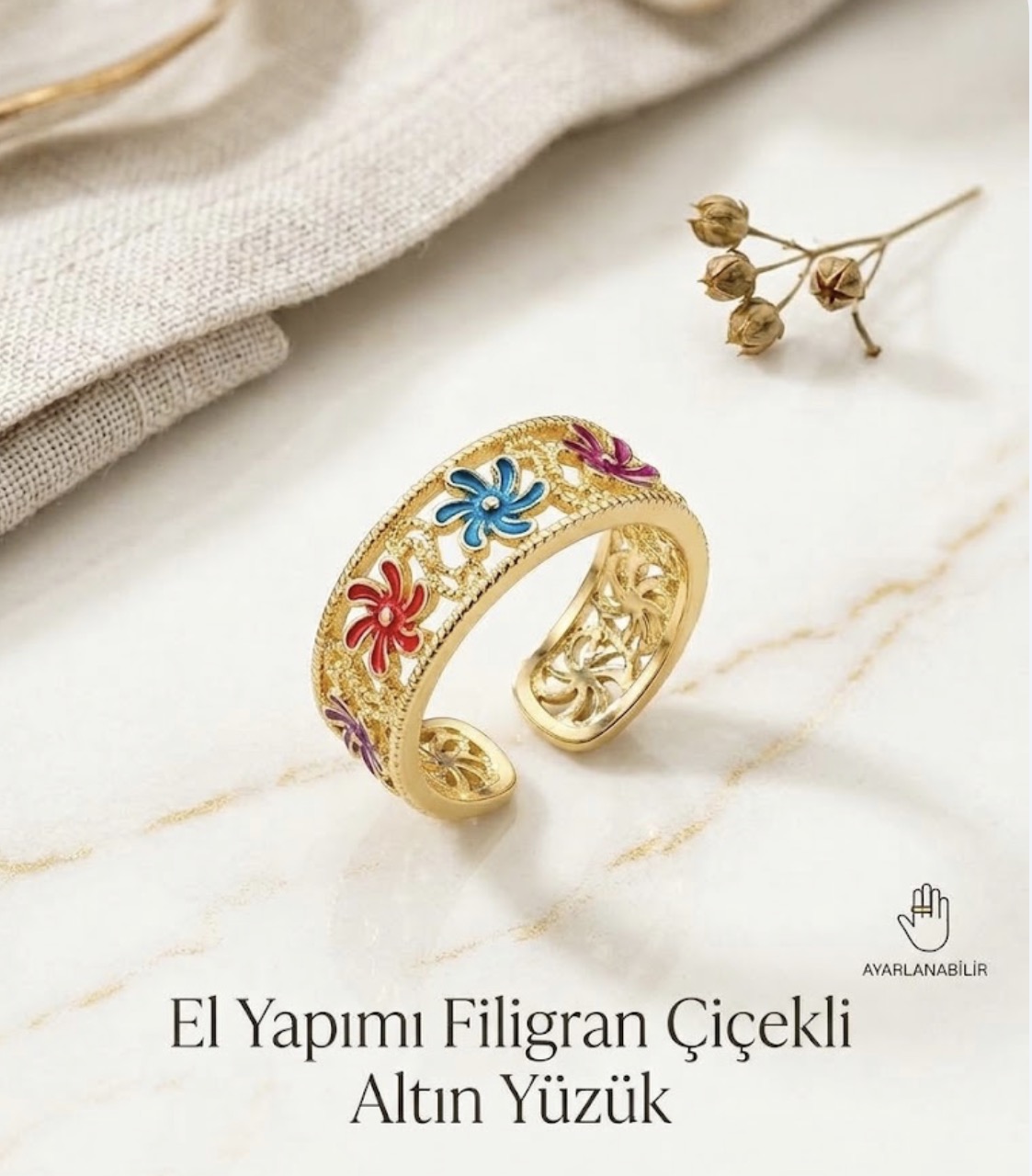 Gold Çiçek figürlü ayarlanabilir yüzük Gold