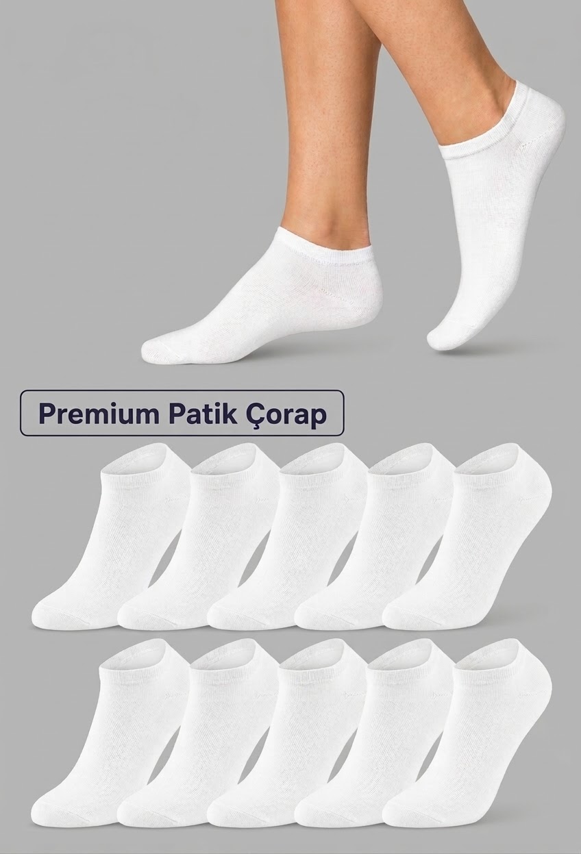 Premium Şık Premium Yumuşaklık 10 lu Kadın Penye Beyaz Patik Çorap Seti  Gün Boyu Kesintisiz Konfor Beyaz