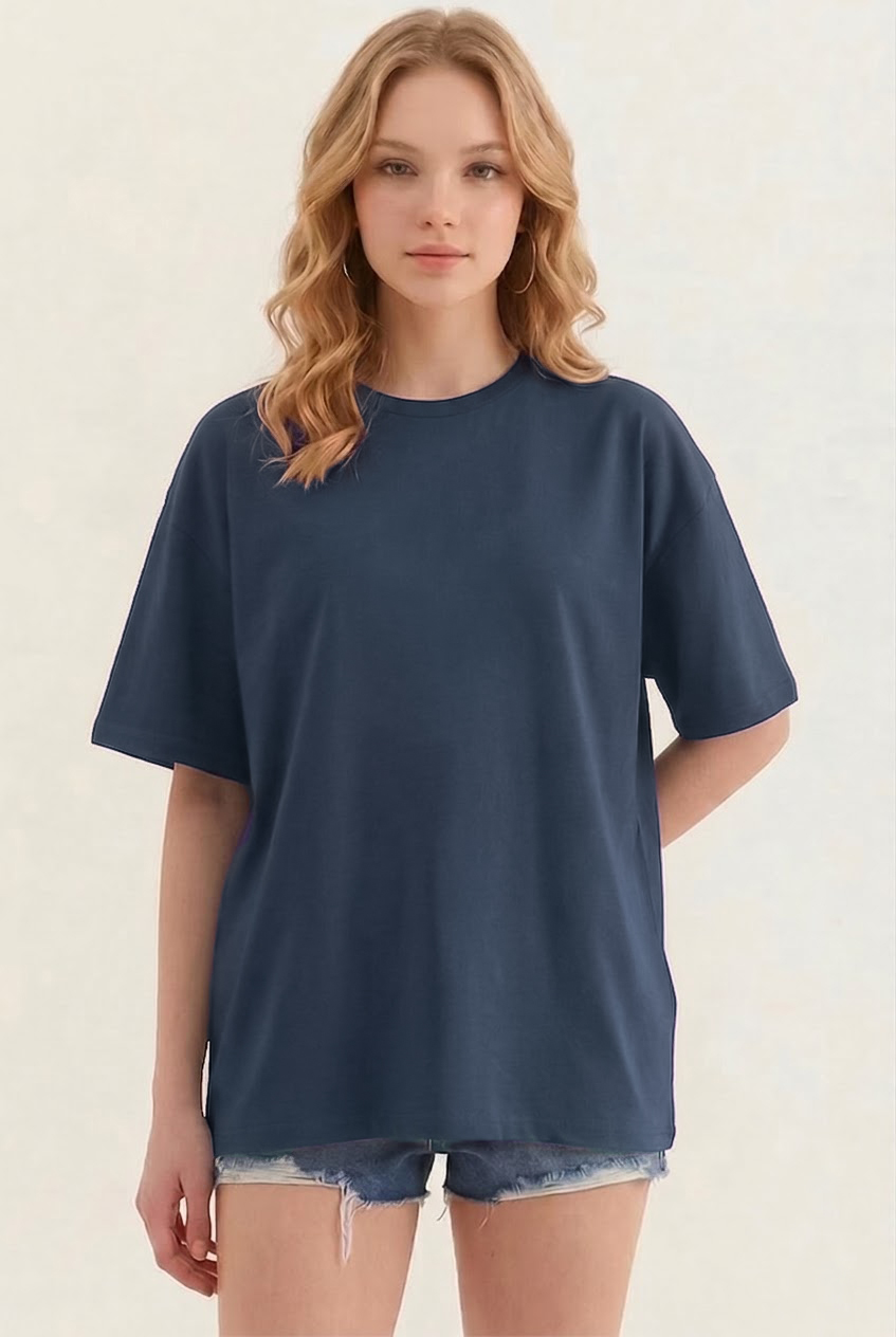 Bisiklet Yaka Oversize Kadın T-shirt İndigo