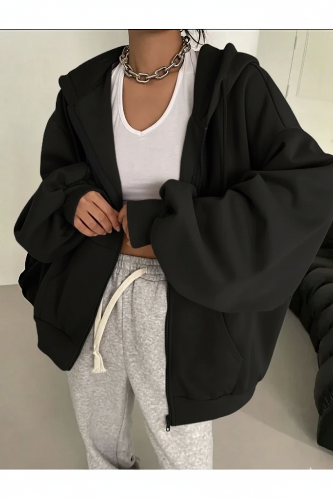 Fermuarlı 3 İplik Kalın Kumaş Sweat Hırka Siyah