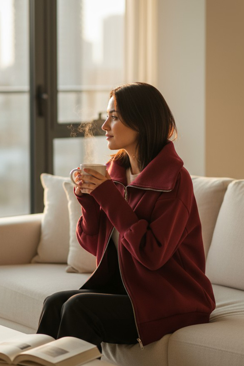 Kadın 3 İplik Kalın Kumaş Sıcak Sonbahar Kışlık Sweatshirt Bordo