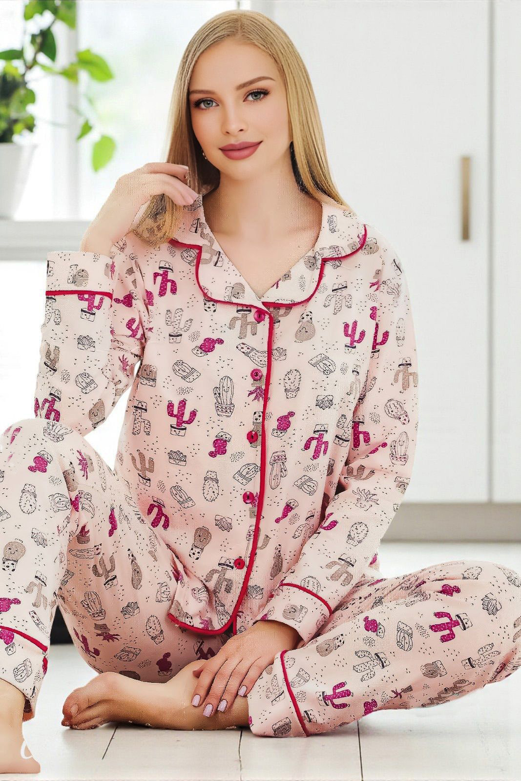 Desenli Milan Kumaş Düğmeli Kadın Pijama Takımı Kaktüs Baskılı