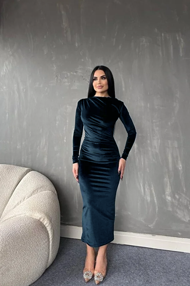 Drape Büzgü Detaylı Uzun Kadife Elbise İndigo