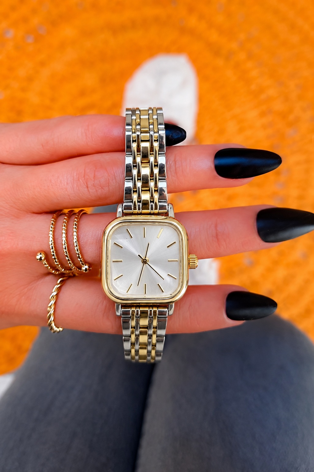 Retro Minimal Kare Kadran Kadın Kol Saati Gold Gold