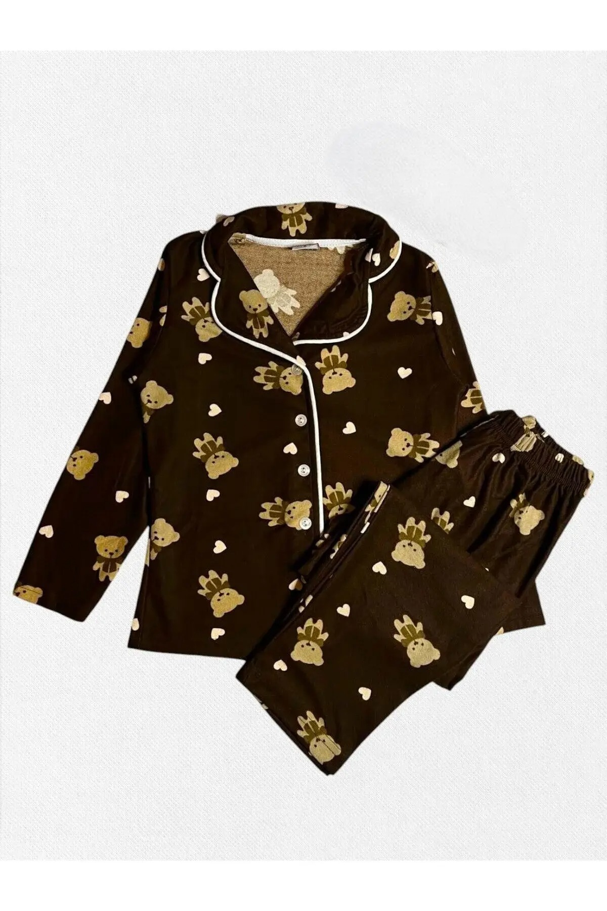 Kız Çocuk Pamuklu Süet Kahverengi Ayıcık Kalp Desenli Uzun Kol Gömlek Yaka Kışlık Pijama Takımı Kahverengi