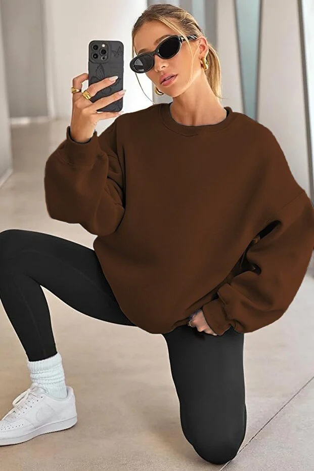 Kadın Bisiklet Yaka Basic Oversize Sweatshirt Kahverengi