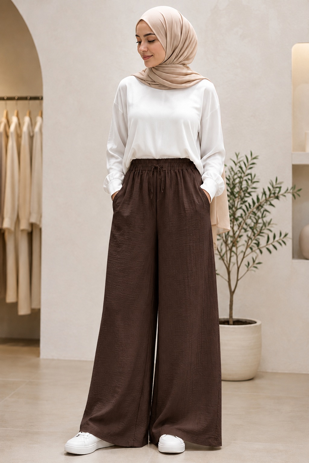 Kadın Beli Lastikli Bağcıklı Cepli Dokulu Bol Paça Keten Pantolon Kahverengi
