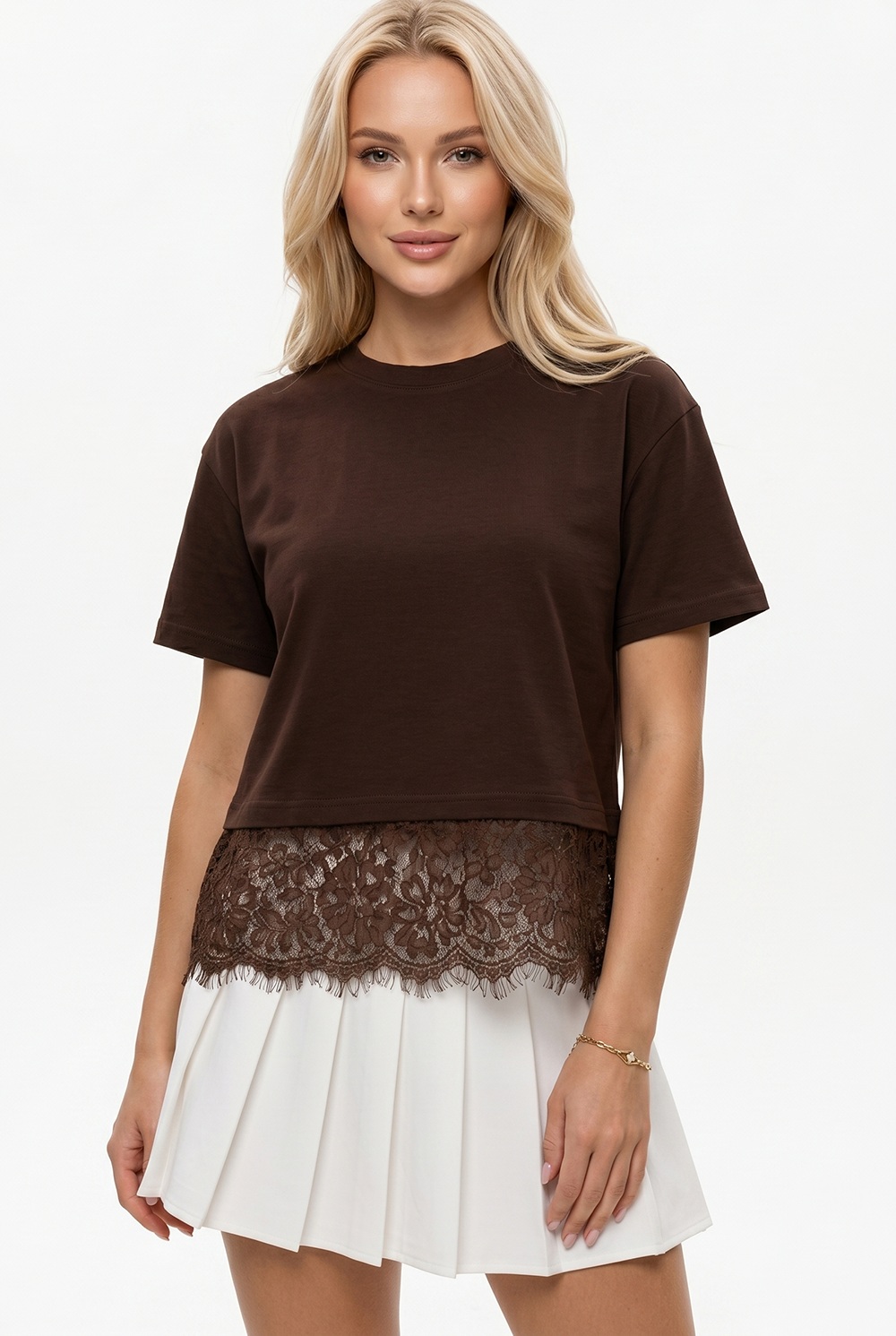 Dantel Detaylı Kadın Oyso Oversize T-shirt Kahverengi