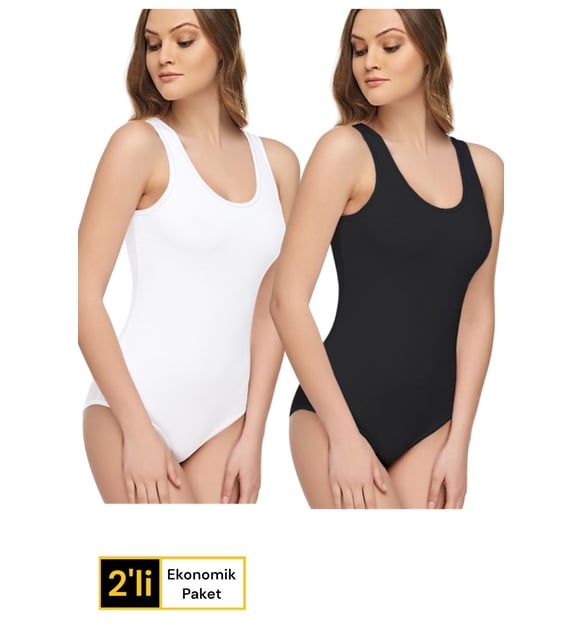 Kadın Likralı Geniş Askı Body 2li Ekonomik Paket  Beyaz  Siyah Pamuklu Günlük Body Siyah beyaz