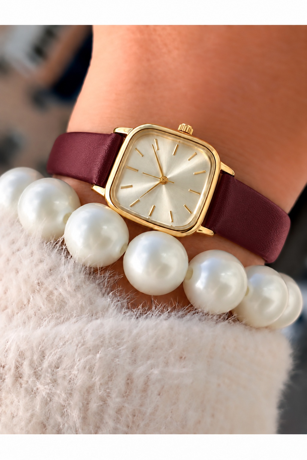 Retro Minimal Kare Kadran Vintage Deri Kordonlu Kadın Kol Saati Bordo Gold