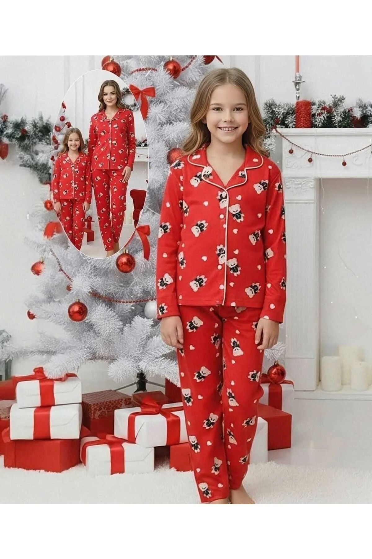 Kız Çocuk Pamuklu Süet Kumaş Kırmızı Ayıcıklı Kalpli Desen Gömlek Yaka Kışlık Pijama Takımı Kırmızı