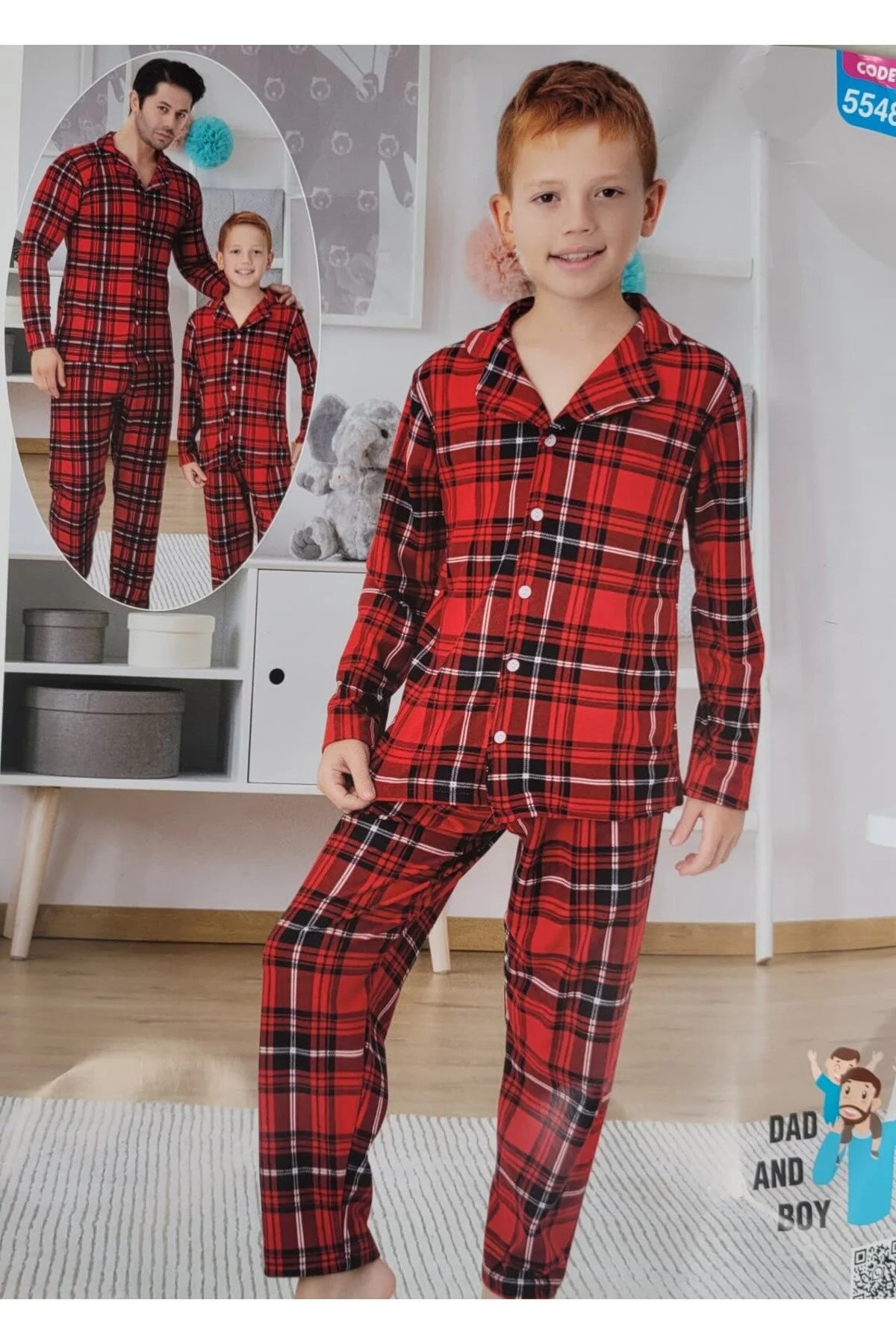 Erkek Çocuk Pamuklu Süet Kumaş Kırmızı Ekose Desen Gömlek Yaka Boydan Düğmeli Pijama Takımı Kırmızı