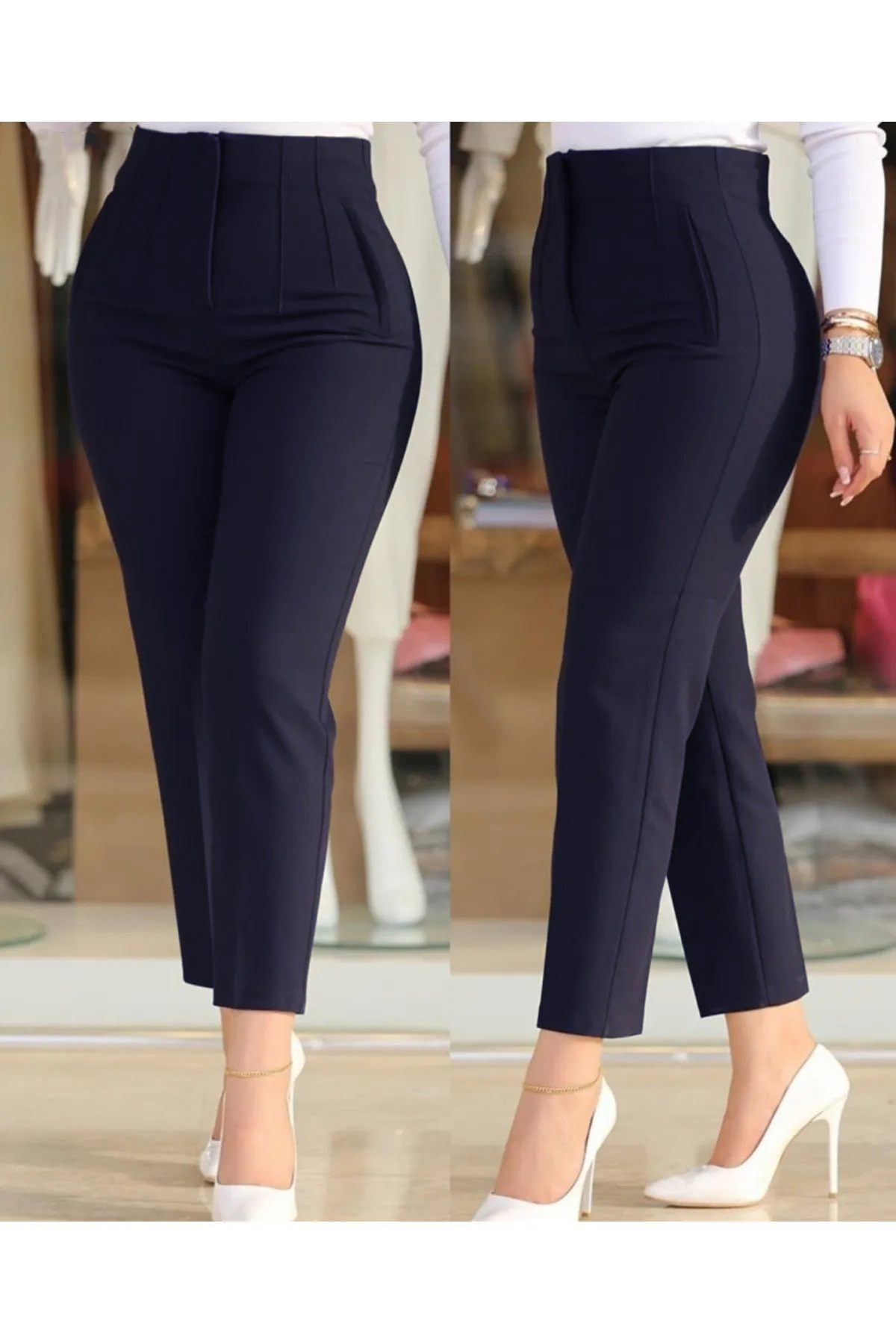 Pile Detaylı Kumaş Pantolon Lacivert