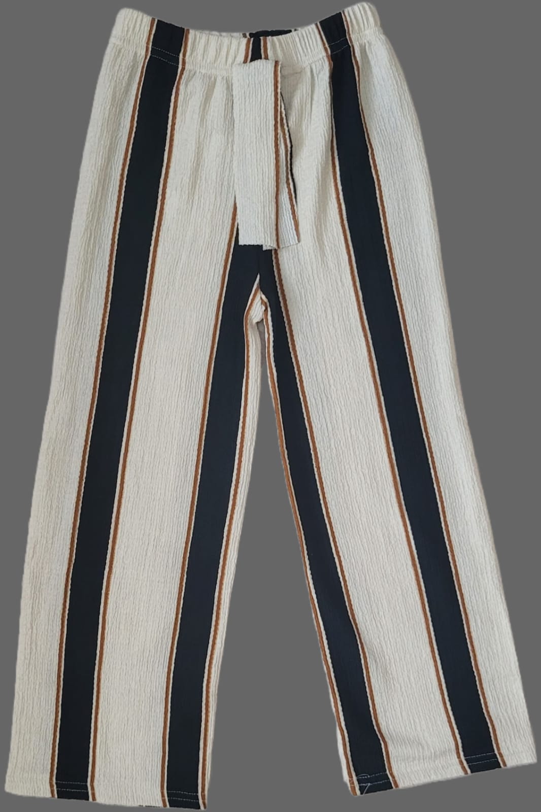 Kız Çocuk Wide Leg Geniş Bol Paça Beli Lastikli Bürümcük Pantolon Yazlık İnce Kahve Çizgili
