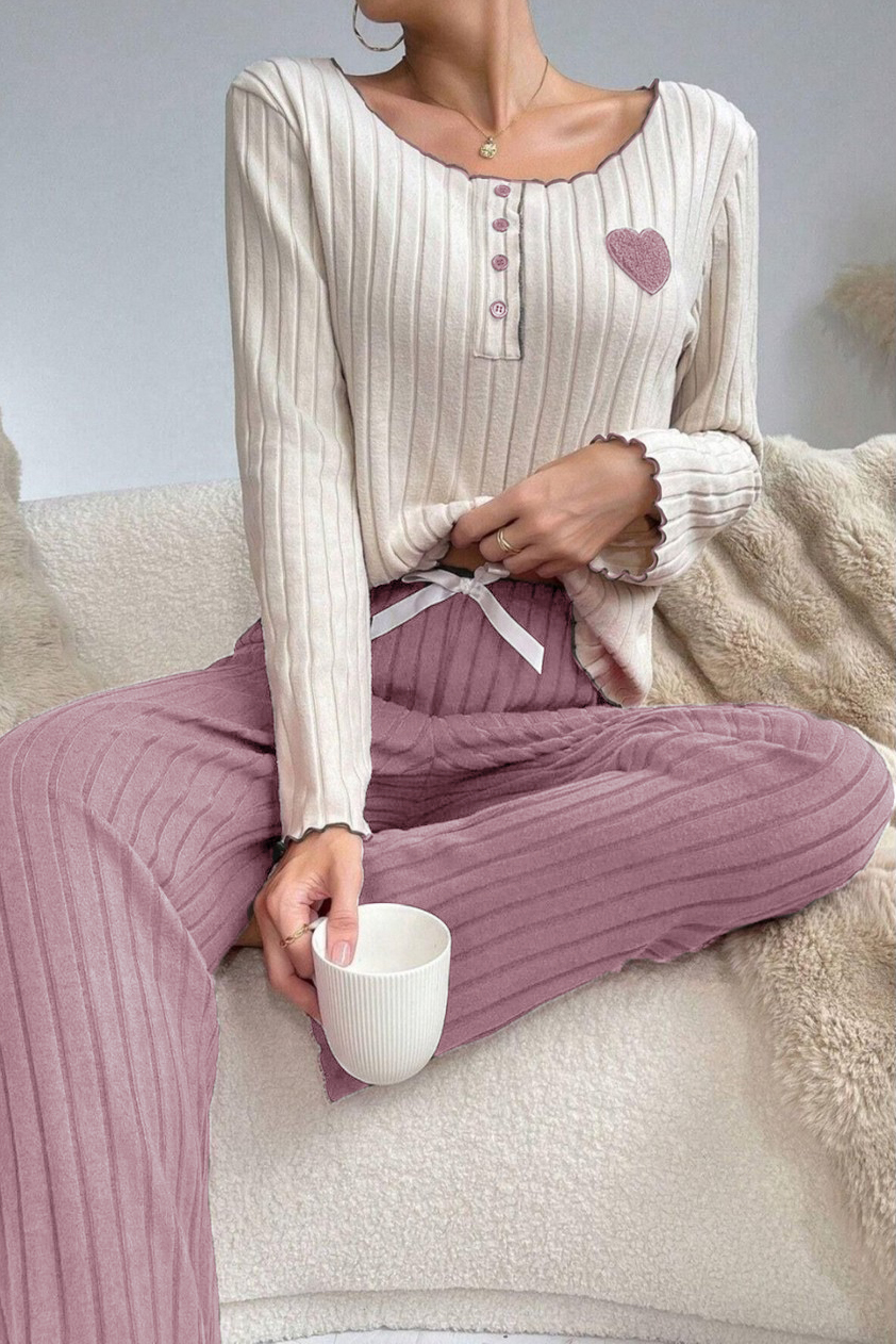 Nakışlı Pamuklu Kalp Detaylı Pijama Takımı Gül kurusu