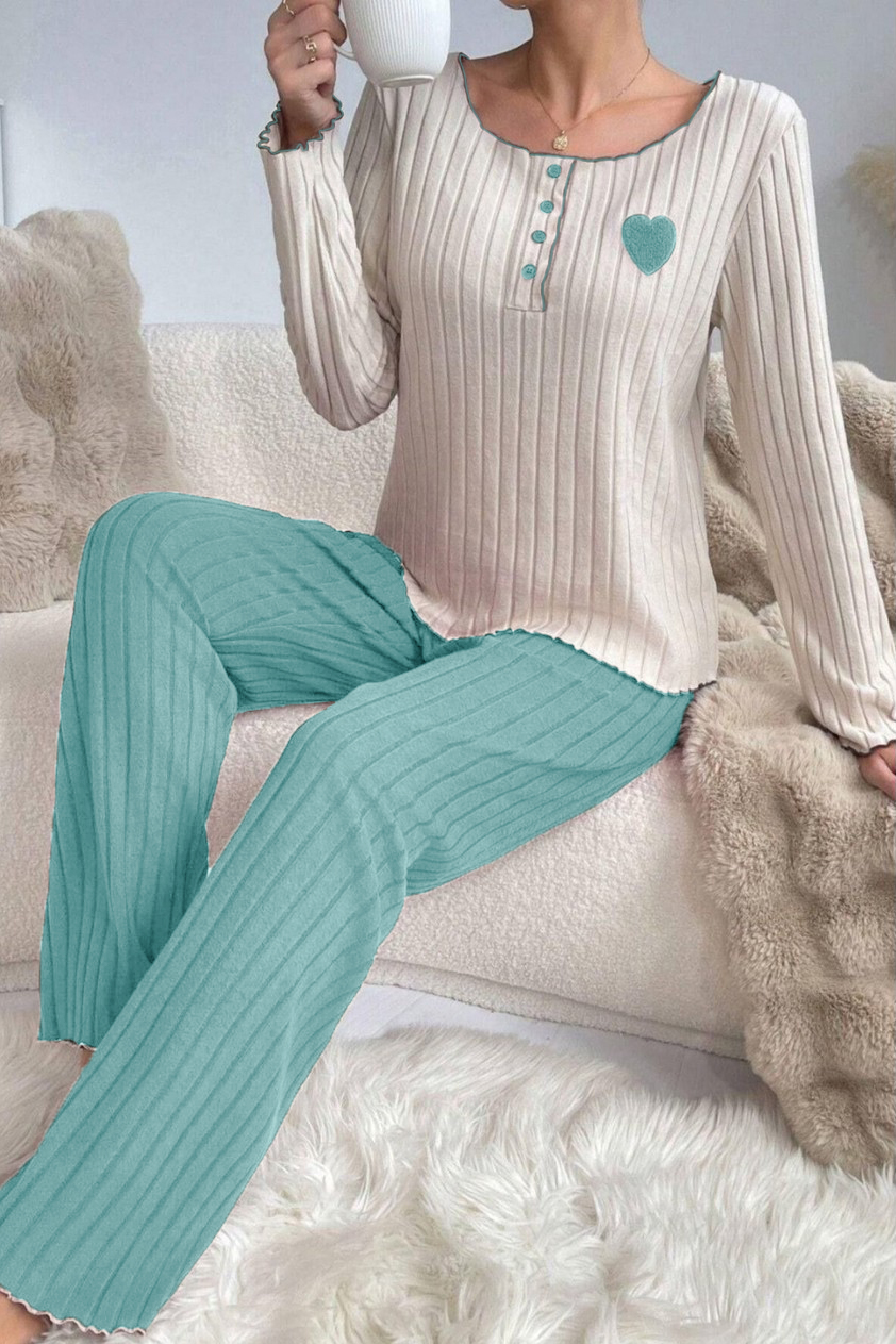 Nakışlı Pamuklu Kalp Detaylı Pijama Takımı Mint