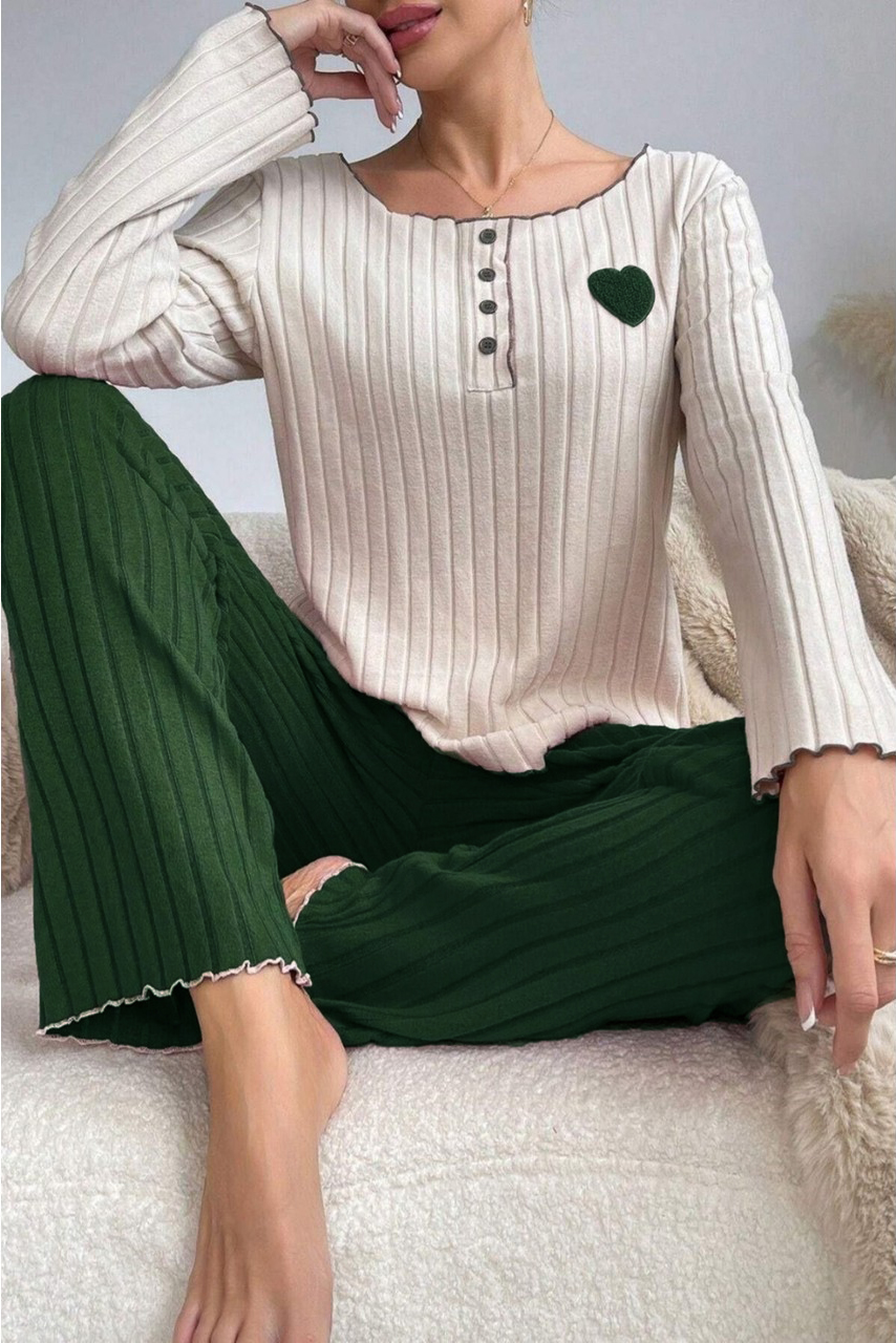 Nakışlı Pamuklu Kalp Detaylı Pijama Takımı Zümrüt