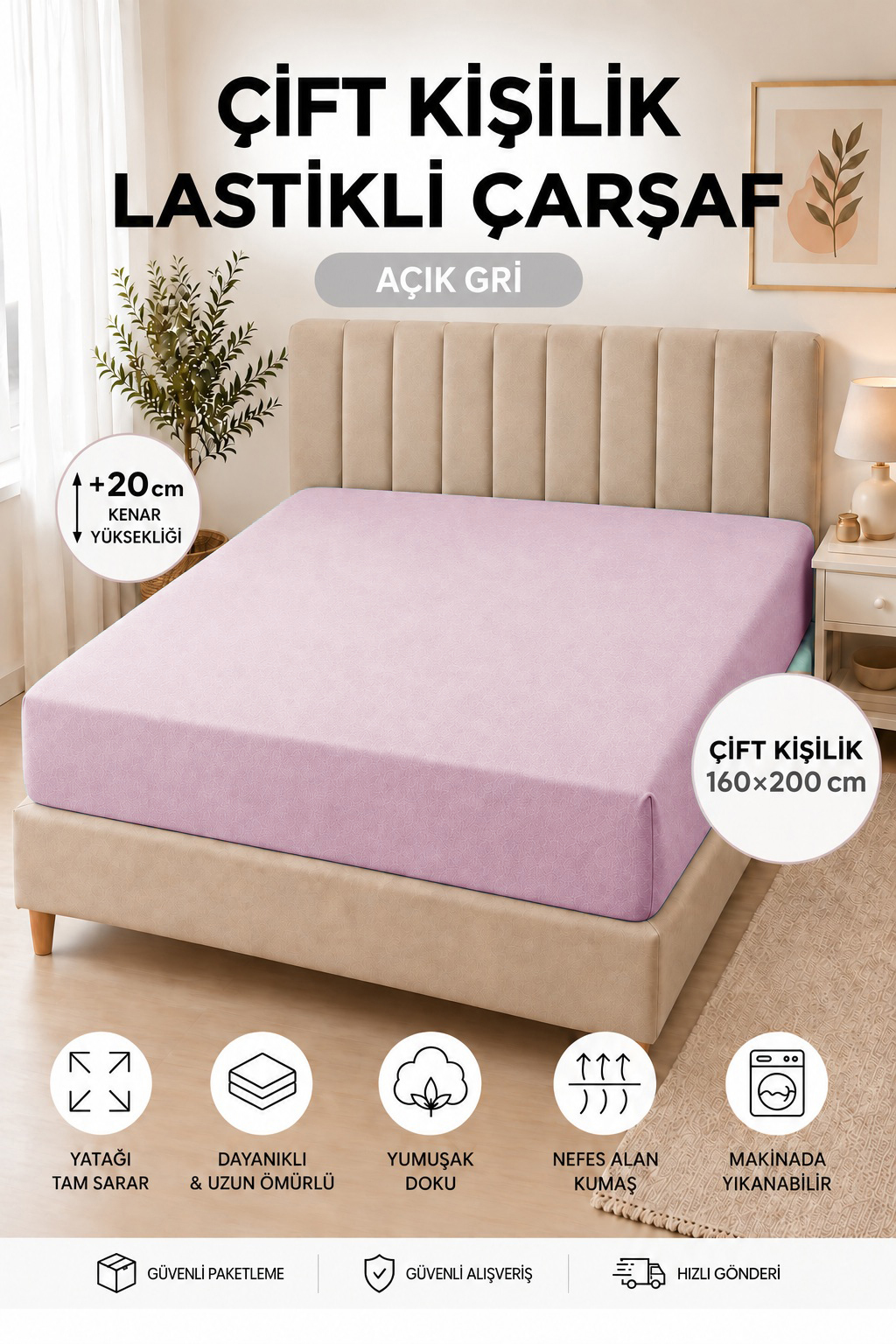160x200 cm Çift Kişilik Pamuklu Lastikli Çarşaf – Yumuşak Dokulu, Yatağı Saran 20 cm Kenar Yüksekliği Pembe