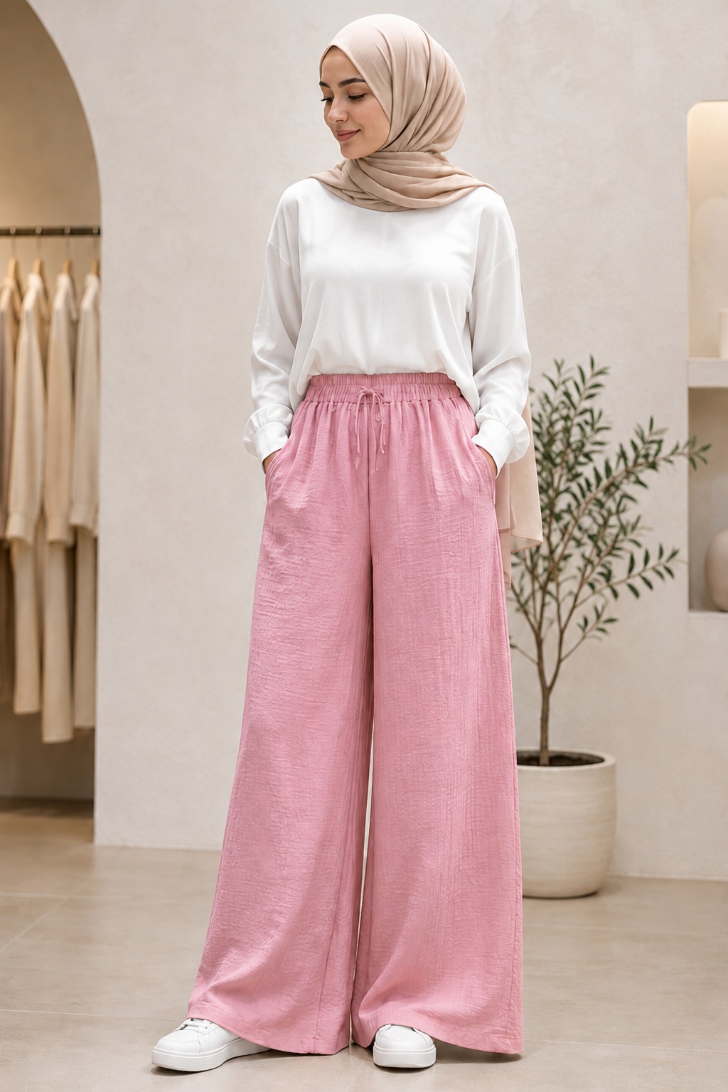 Kadın Beli Lastikli Bağcıklı Cepli Dokulu Bol Paça Keten Pantolon Pembe