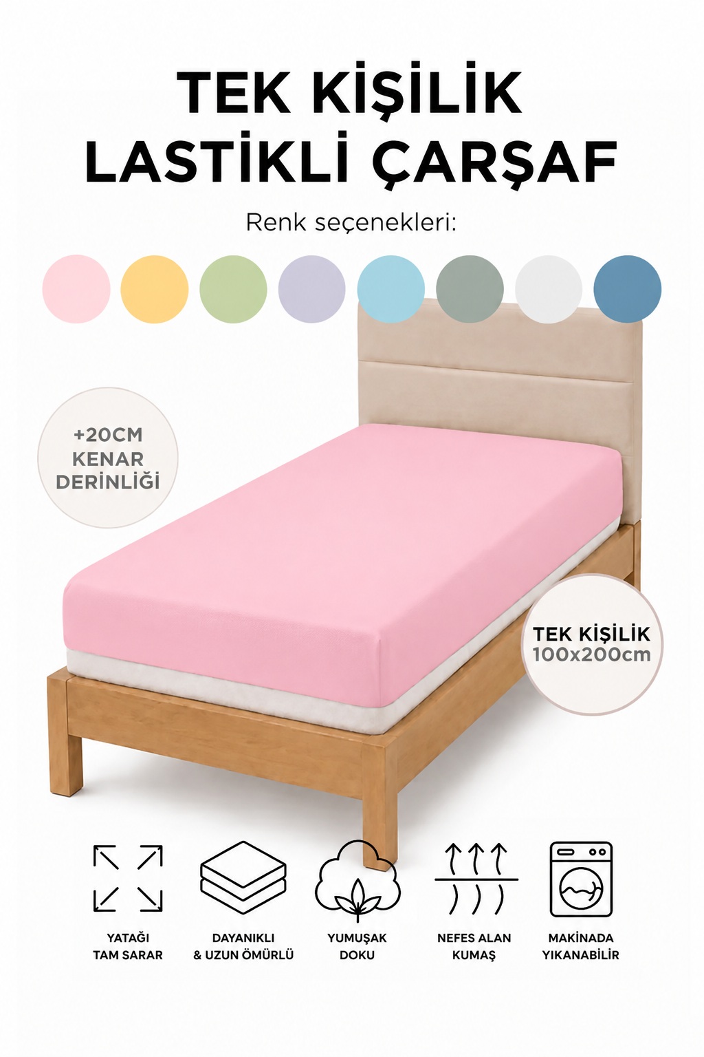 100x200 cm Tek Kişilik Pamuklu Lastikli Çarşaf – Yumuşak Dokulu, Yatağı Saran 20 cm Kenar Yüksekliği Pembe