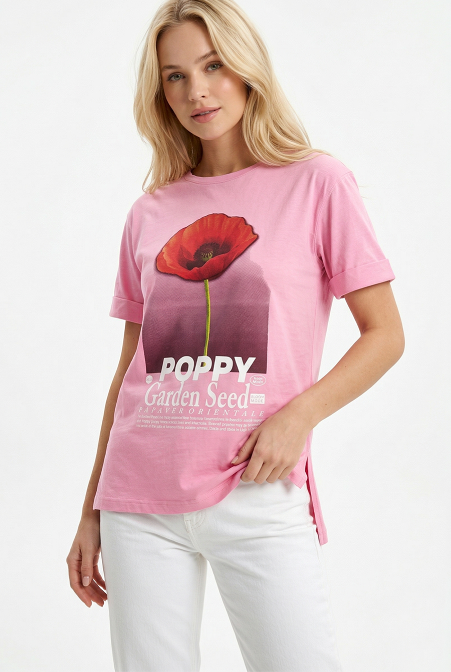 Yırtmaç Detaylı Baskılı Kadın Oversize T-shirt Pembe