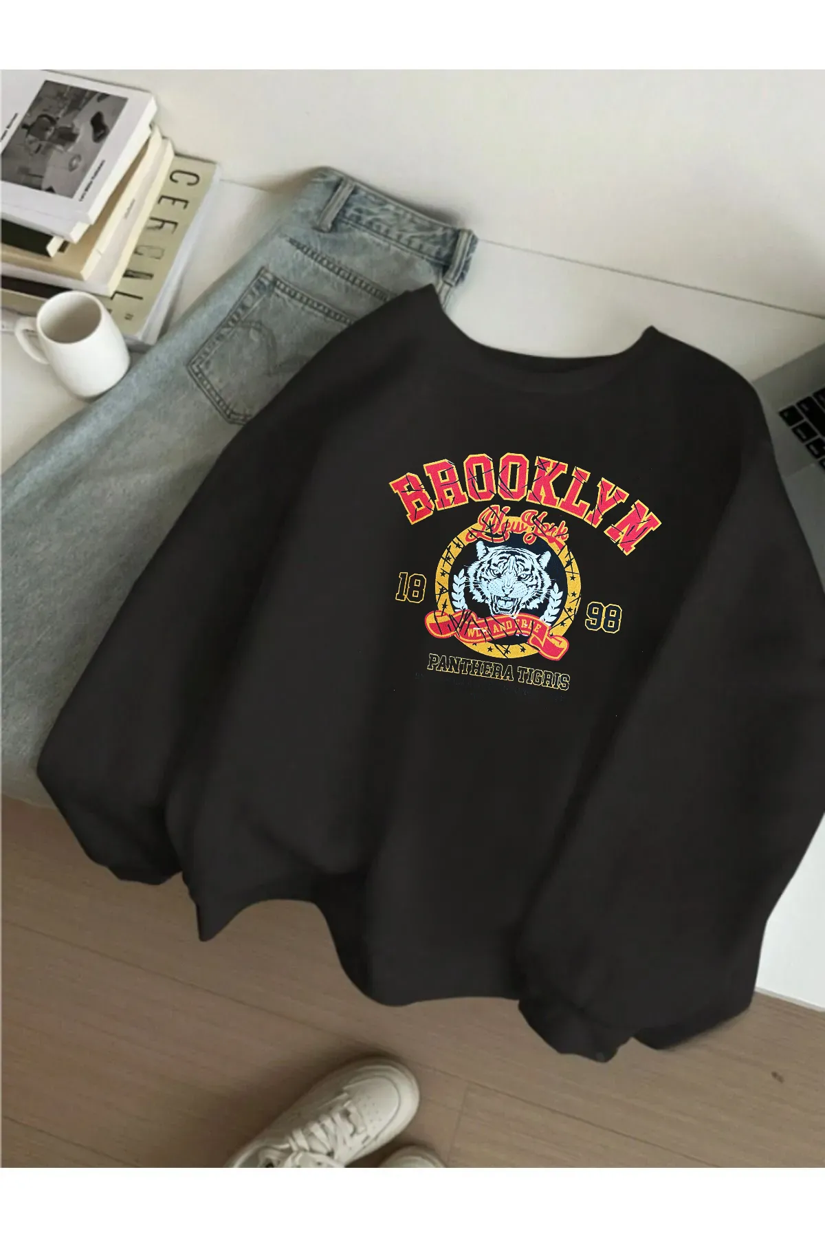 Baskılı Oversize Sweat Siyah