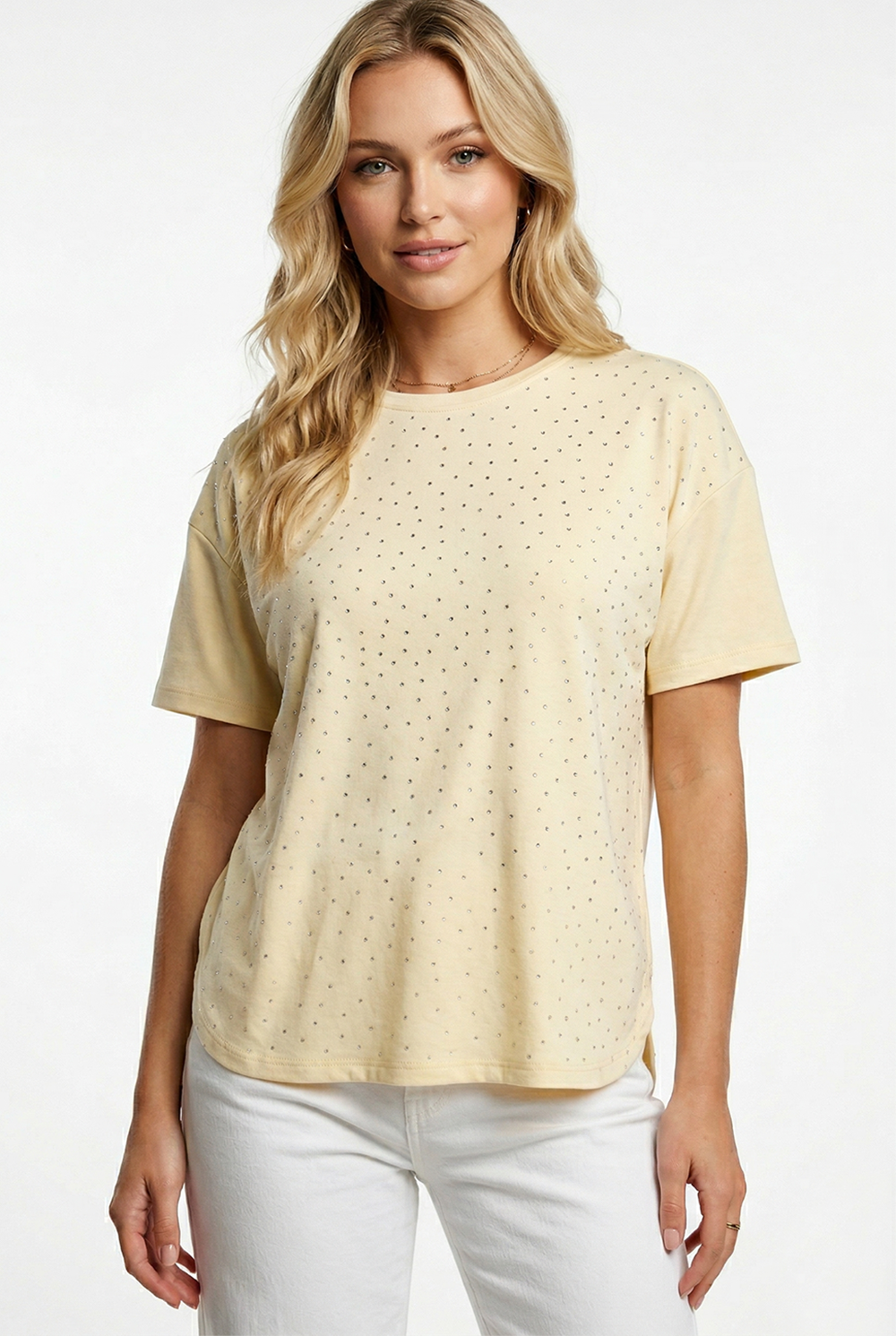 Taş Detaylı Bisiklet Yaka Kadın T-shirt Sarı