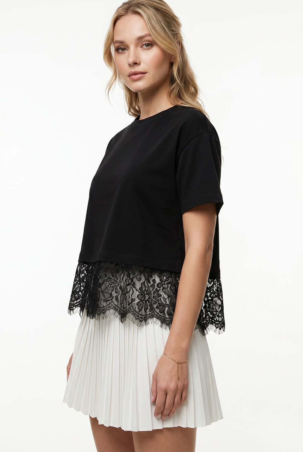Dantel Detaylı Kadın Oyso Oversize T-shirt Siyah