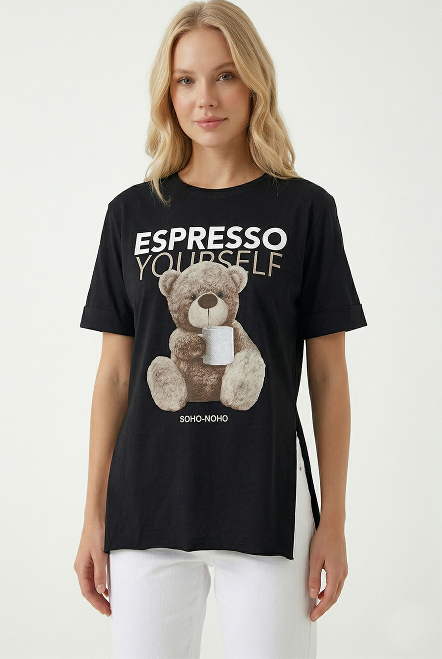 Yırtmaç Detaylı Baskılı Kadın Oversize T-shirt Siyah