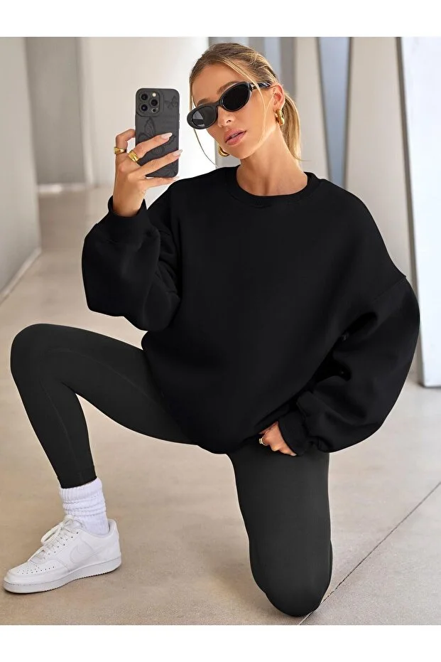 Kadın Bisiklet Yaka Basic Oversize Sweatshirt Siyah