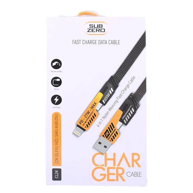 Subzero CL24 4in1 Type-c 65W to USB-A + Type-c to Lightning 27W Hızlı Şarj Kablosu SİYAH